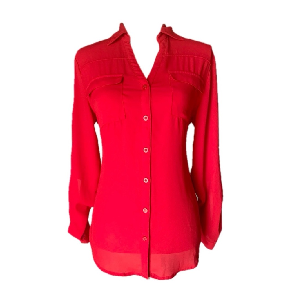 New York & Company Red Long Sleeve Collar Shirt
